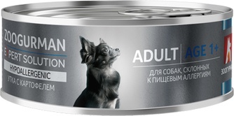 Корм влажный для собак ЗООГУРМАН Expert Solution Hypoallergenic склонных к пищевым аллергиям с уткой и картофелем (100 г)