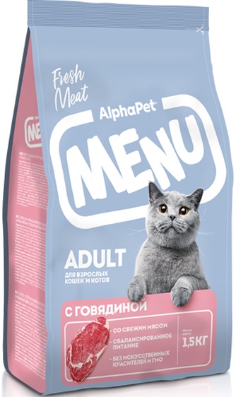 Корм сухой для взрослых кошек и котов ALPHAPET Menu с говядиной (1,5 кг)