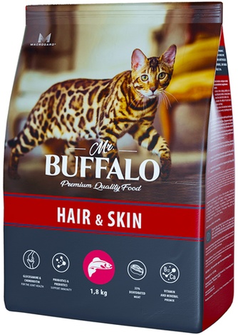 Корм сухой для здоровья кожи и шерсти взрослых кошек MR. BUFFALO Hair&Skin лосось (1,8 кг)