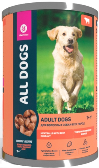 Корм влажный для собак всех пород ALL DOGS Adult с тефтельками из говядины в соусе (415 г)