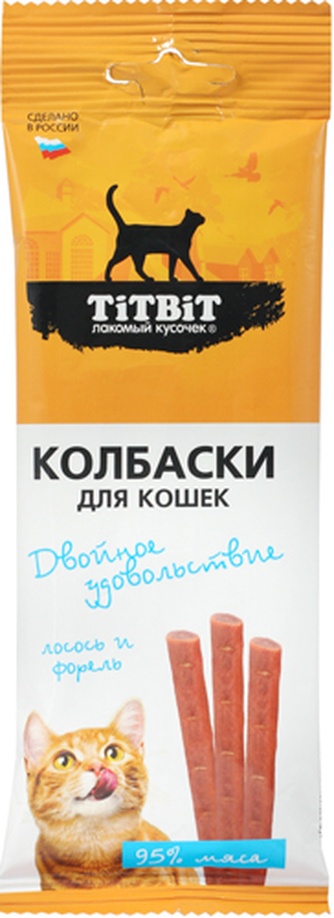 Лакомство для кошек TITBIT двойное удовольствие колбаски с лососем и форелью (45 г)