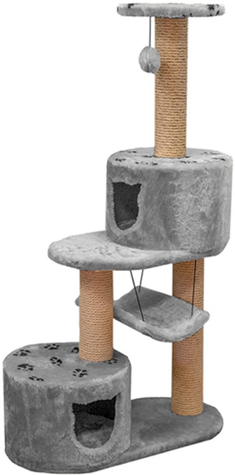 Комплекс-когтеточка для кошек ДАРЭЛЛ Джут 95 круглый 3-х уровневый круглый с 2-мя домиками и гамаком Серый (72*36*127 см)