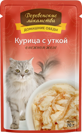 Корм влажный для кошек ДЕРЕВЕНСКИЕ ЛАКОМСТВА Курица с уткой в нежном желе (70 г)