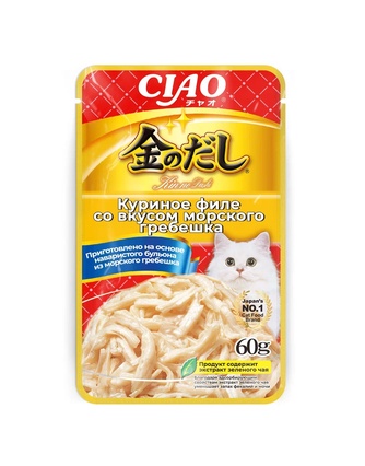 Корм влажный для кошек INABA CIAO Kinnodashi с куриным филе и морским гребешком в бульоне (60 г)
