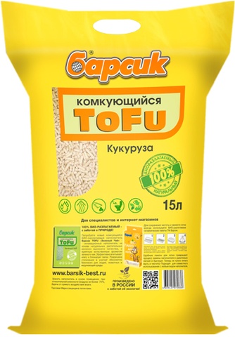 Наполнитель комкующийся древесный для кошек БАРСИК Tofu кукуруза (15 л)