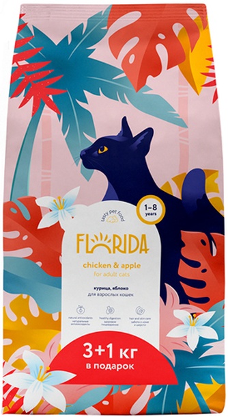 Корм сухой для кошек FLORIDA курица, яблоко (4 кг)