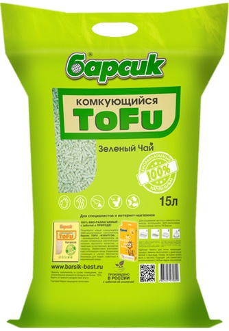 Наполнитель комкующийся древесный для кошек БАРСИК Tofu зеленый чай (15 л)
