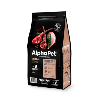 Корм сухой для кошек и котов ALPHAPET Superpremium для выведения шерсти с ягненком и кроликом (1,5 кг)