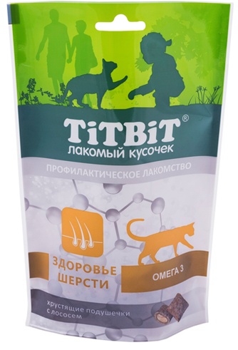 Лакомство для кошек TITBIT Лакомый кусочек Подушечки для здоровья шерсти лосось (60 г)