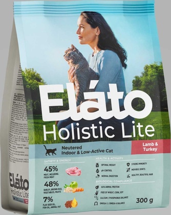 Корм сухой для кастрированных котов, стерилизованных и малоактивных кошек ELATO Holistic Lite с ягненком и индейкой (300 г)