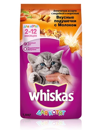 Корм сухой для котят WHISKAS 10237424 подушечки, индейка, морковь, с молоком (1,9 кг)