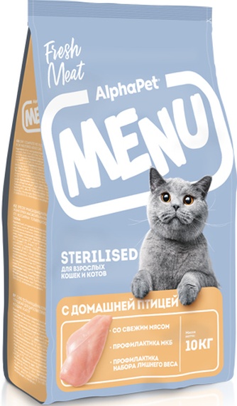 Корм сухой для стерилизованных кошек и котов ALPHAPET Menu с домашней птицей (10 кг)