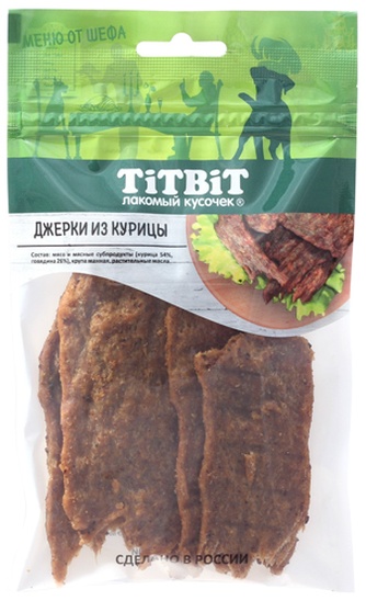 Лакомство для собак мелких пород TITBIT Лакомый кусочек Меню от шефа Джерки курица (70 г)