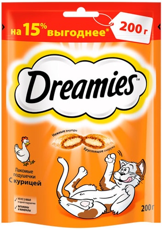 Лакомство для кошек DREAMIES Подушечки с курицей лакомые (200 г)