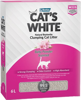Наполнитель комкующийся бентонитовый для кошек CAT'S WHITE Baby Powder Scented с ароматом детской присыпки (6 л)