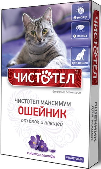 Ошейник для кошек ЧИСТОТЕЛ Максимум от блох и клещей с маслом лаванды фиолетовый (40 см)