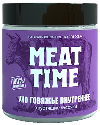 Лакомство для собак мелких пород MEAT TIME Хрустящие кусочки Ухо говяжье внутреннее (50гр)