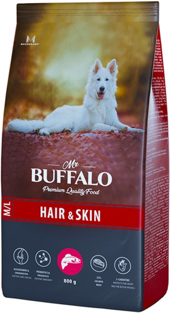 Корм сухой для здоровья кожи и шерсти взрослых собак MR. BUFFALO Hair&Skin лосось (0,8 кг)