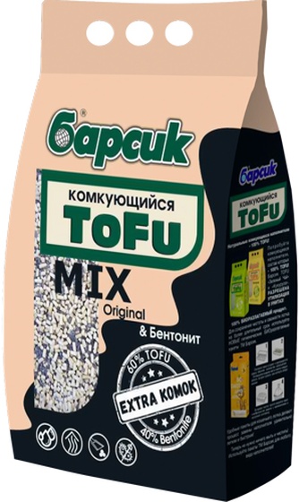 Наполнитель комкующийся растительный для кошек БАРСИК Tofu mix original & бентонит (4,54 л)