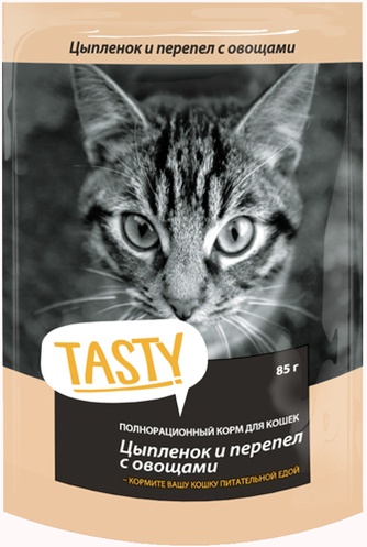 Корм влажный для кошек TASTY с цыпленком, перепелом и овощами в желе (85 г)