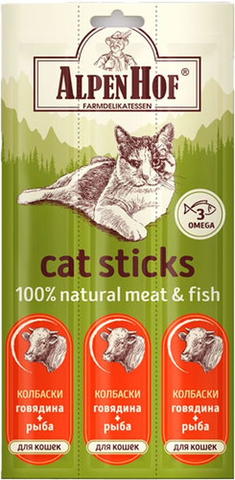 Лакомство для кошек ALPENHOF Cat Sticks колбаски говядина, рыба (3 шт)