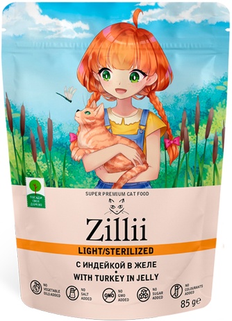 Корм влажный для взрослых кошек ZILLI Adult Cat Light Sterilized sterilized с индейкой в желе (85 г)
