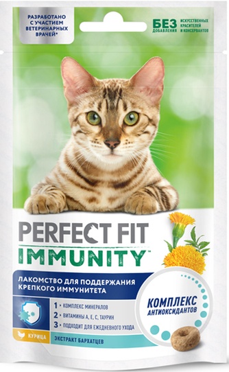 Лакомство для кошек PERFECT FIT immunity укрепление иммунитета с курицей и добавлением экстракта бархатцев (50 г)