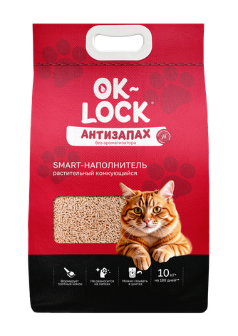 Наполнитель комкующийся для кошек OK-LOCK Антизапах без ароматизатора растительный (10 кг)