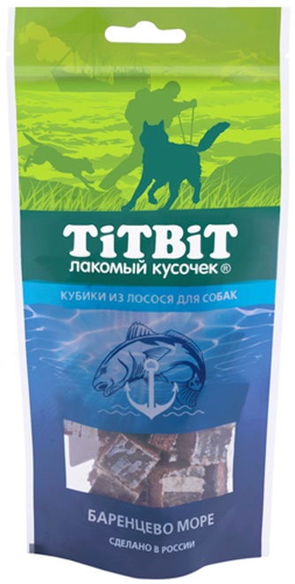 Лакомство для собак мелких пород TITBIT Лакомый кусочек Баренцево море Кубики лосось (75 г)