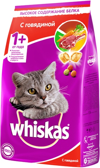 Корм сухой для взрослых кошек WHISKAS подушечки/паштет говядина (1,9 кг)