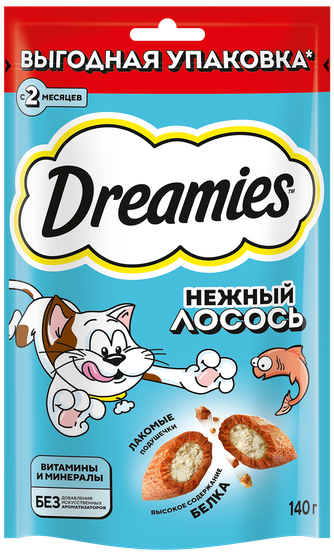 Лакомство для кошек DREAMIES подушечки с лососем (140 г)
