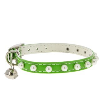Ошейник двойной для кошек КАСКАД Синтетик прошитый с жемчугом и бубенчиком зеленый (10 мм*30 см)
