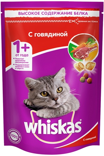 Корм сухой для взрослых кошек WHISKAS подушечки/паштет говядина (0,35 кг)