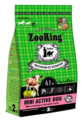 Корм сухой для активных собак мини пород ZOORING Mini Active Dog с мясом молодых бычков и рисом, без пшеницы (2 кг)