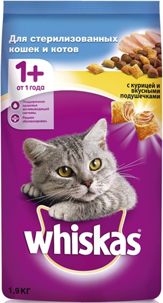 Корм сухой для стерилизованных и кастрированных кошек WHISKAS 10257588 курица (1,9 кг)