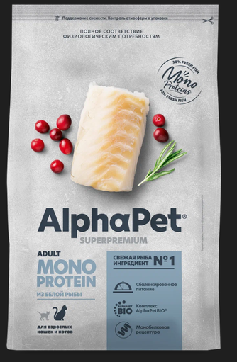 Корм сухой для взрослых кошек и котов ALPHAPET MONOPROTEIN из белой рыбы (7,5 кг)