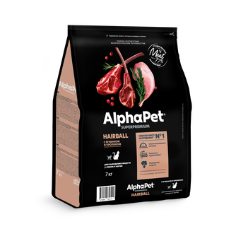 Корм сухой для кошек и котов ALPHAPET Superpremium для выведения шерсти с ягненком и кроликом (7 кг)