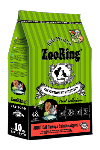 Корм сухой для взрослых кошек всех пород ZOORING Adult Cat Turkey & Salmon & Apples индейка и лосось с яблоками (10 кг)