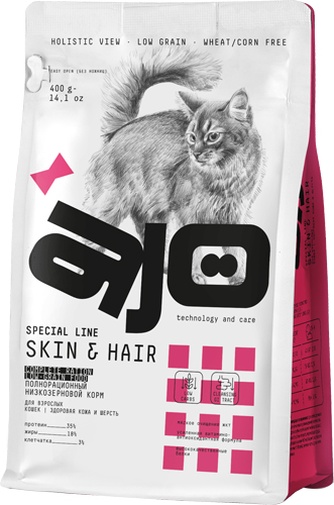 Корм сухой для кошек AJO Skin & Hair здоровье кожи и шерсти, низкозерновой (400 г)