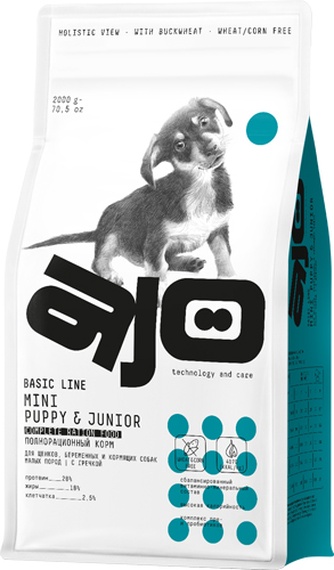 Корм сухой для щенков мелких пород AJO Mini Puppy & Junior с гречкой (2 кг)