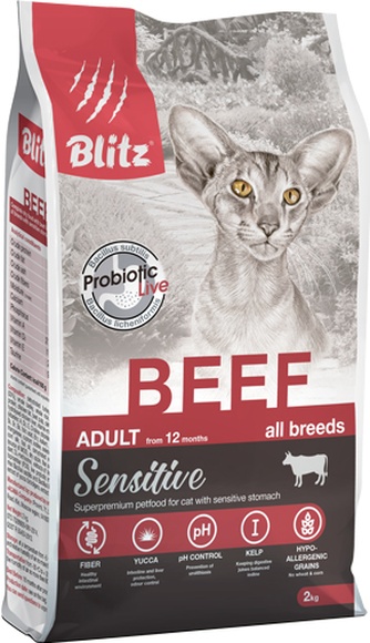 Корм сухой для взрослых кошек всех пород BLITZ Sensitive с говядиной (2кг)