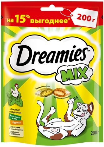Лакомство для кошек DREAMIES Mix лакомые подушечки с курицей и мятой (200 г)