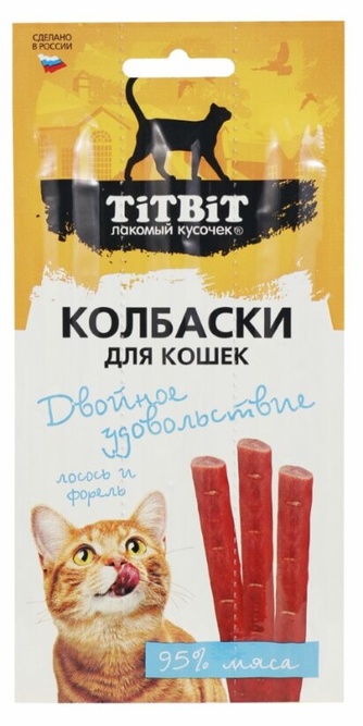 Лакомство для кошек TITBIT лакомый кусочек двойное удовольствие колбаски с лососем и форелью (15 г)
