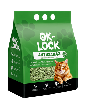 Наполнитель комкующийся для кошек OK-LOCK Антизапах с ароматом зеленого чая растительный (6 л)