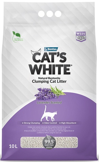 Наполнитель комкующийся бентонитовый для кошек CAT'S WHITE Lavender Scented с нежным ароматом лаванды (10 л)