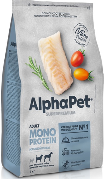 Корм сухой для собак средних и крупных пород ALPHAPET MONOPROTEIN из белой рыбы(2 кг)