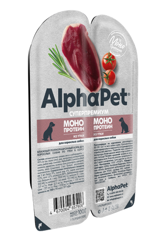 Корм влажный для взрослых собак ALPHAPET МОНОПРОТЕИН мясные кусочки из утки в соусе (100 г)
