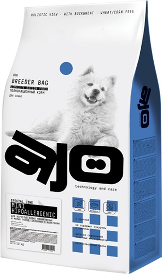 Корм сухой для взрослых собак мелких пород AJO Mini Hypoallergenic Breeder склонных к аллергии, с гречкой (12 кг)