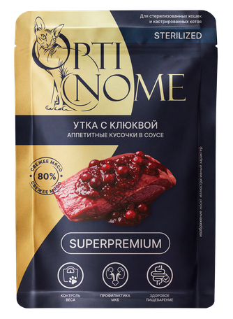 Корм влажный для стерилизованных кошек и кастрированных котов OPTINOME Super Premium утка с клюквой в соусе (85 г)