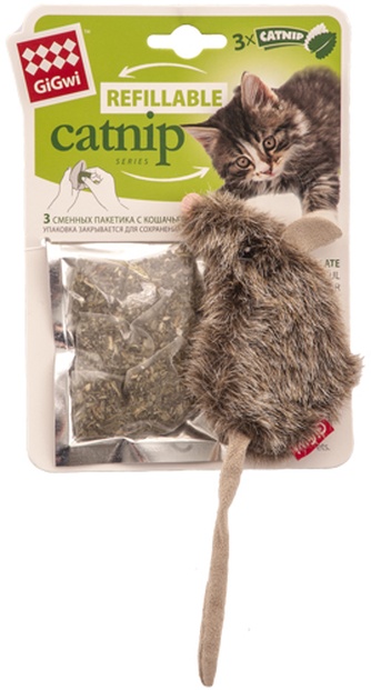 Игрушка для кошек GIGWI Refillable catnip Мышка с кошачьей мятой, коричневая (10 см/3 пакетика с кошачьей мятой)